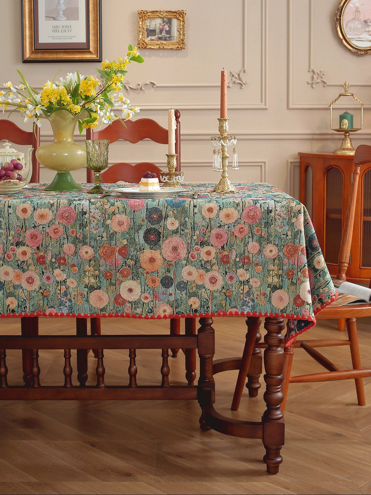 LaLuna Home Golden Thread Floral Jacquard  Tablecloth with Shell Trim - Peony