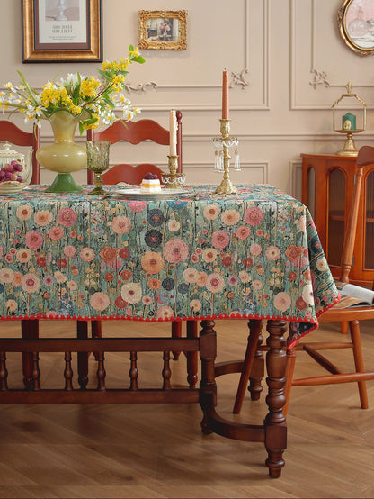 LaLuna Home Golden Thread Floral Jacquard  Tablecloth with Shell Trim - Peony