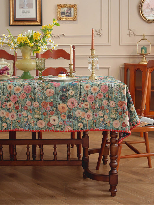LaLuna Home Golden Thread Floral Jacquard  Tablecloth with Shell Trim - Peony
