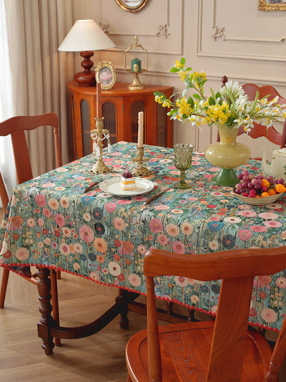 LaLuna Home Golden Thread Floral Jacquard  Tablecloth with Shell Trim - Peony