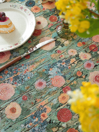 LaLuna Home Golden Thread Floral Jacquard  Tablecloth with Shell Trim - Peony