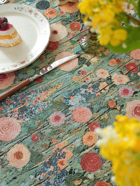 LaLuna Home Golden Thread Floral Jacquard  Tablecloth with Shell Trim - Peony
