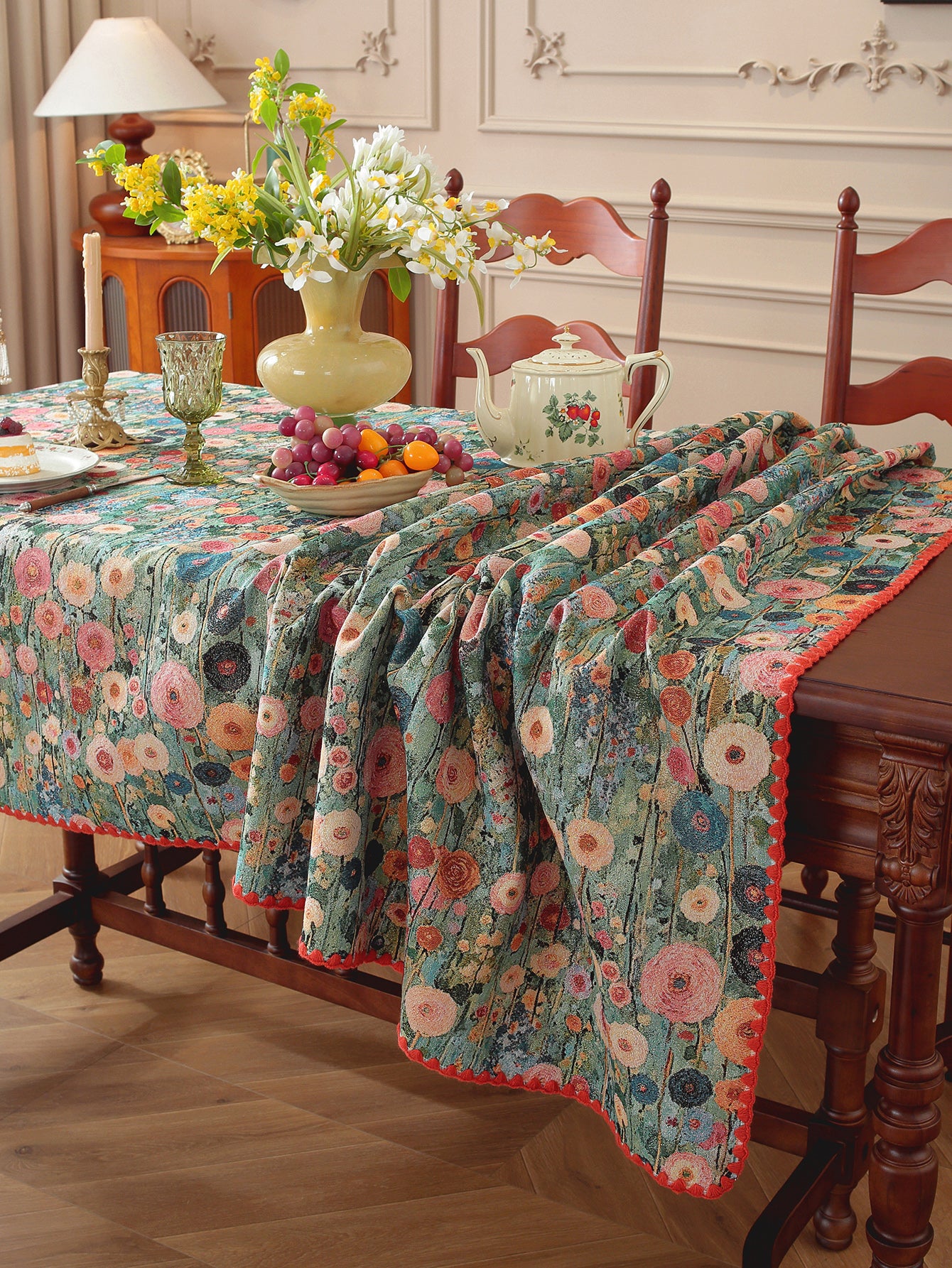 LaLuna Home Golden Thread Floral Jacquard  Tablecloth with Shell Trim - Peony