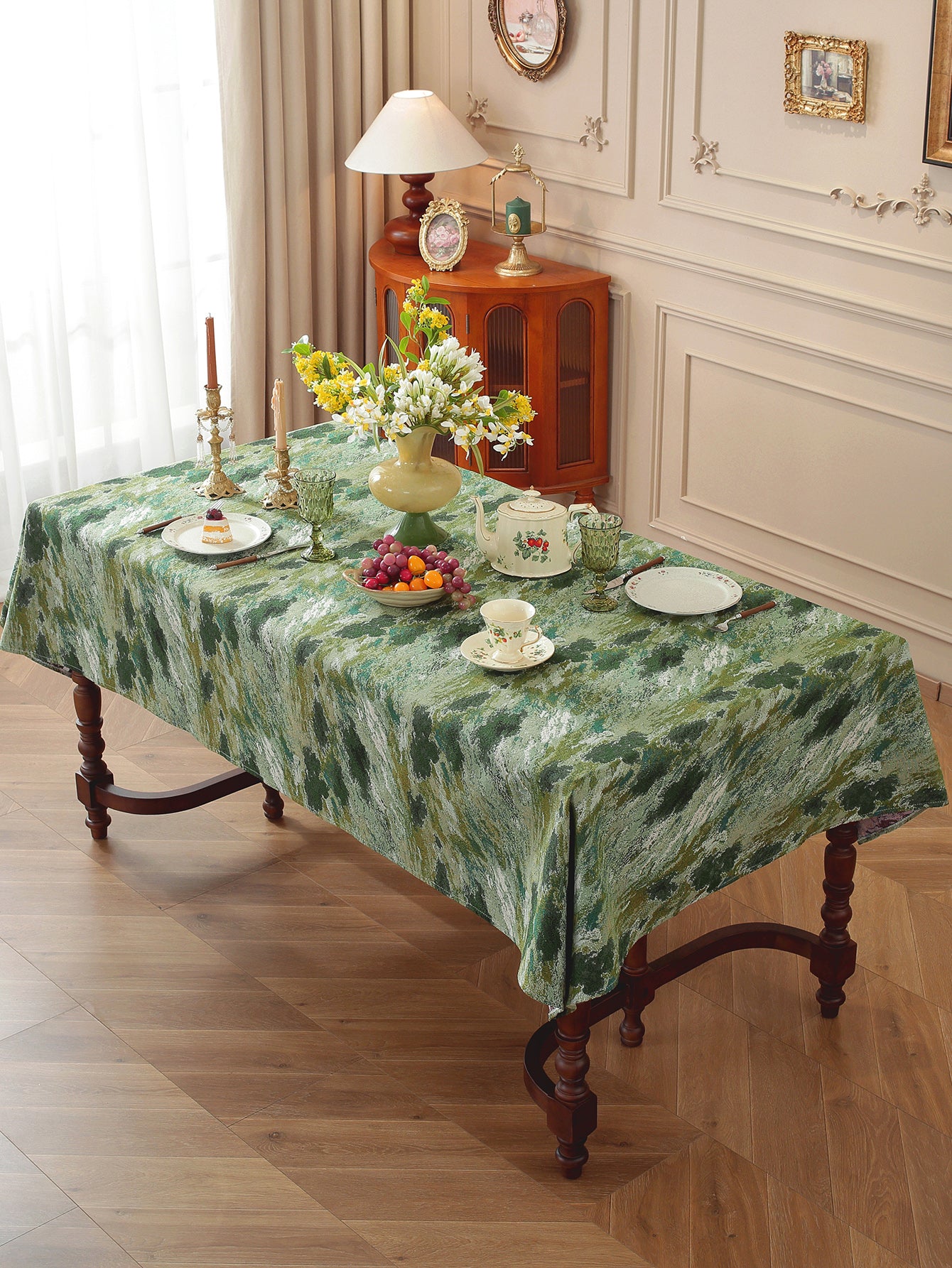 LaLuna Home Vintage Green Prairie Nature Abstract Jacquard Tablecloth