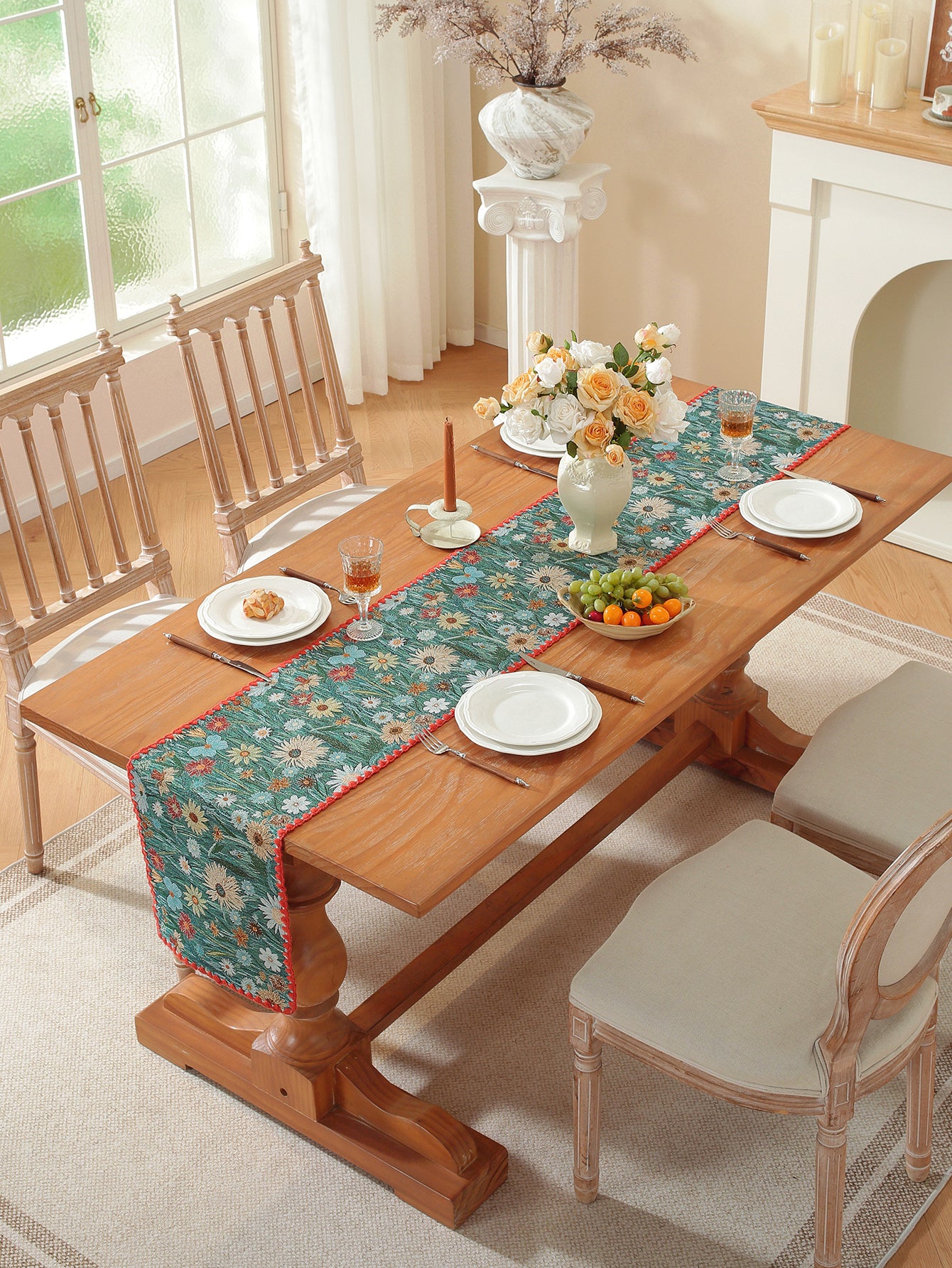 LaLuna Home Golden Thread Floral Jacquard Table Runner with Shell Trim - Colorful Chrysanthemum