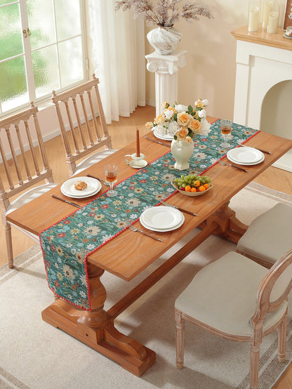 LaLuna Home Golden Thread Floral Jacquard Table Runner with Shell Trim - Colorful Chrysanthemum
