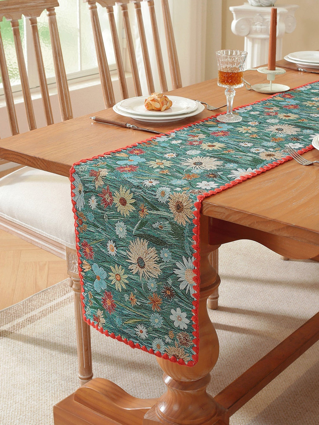 LaLuna Home Golden Thread Floral Jacquard Table Runner with Shell Trim - Colorful Chrysanthemum