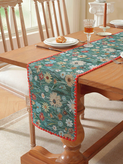 LaLuna Home Golden Thread Floral Jacquard Table Runner with Shell Trim - Colorful Chrysanthemum