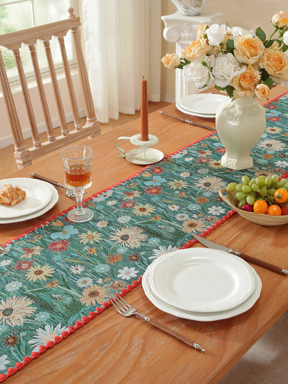 LaLuna Home Golden Thread Floral Jacquard Table Runner with Shell Trim - Colorful Chrysanthemum