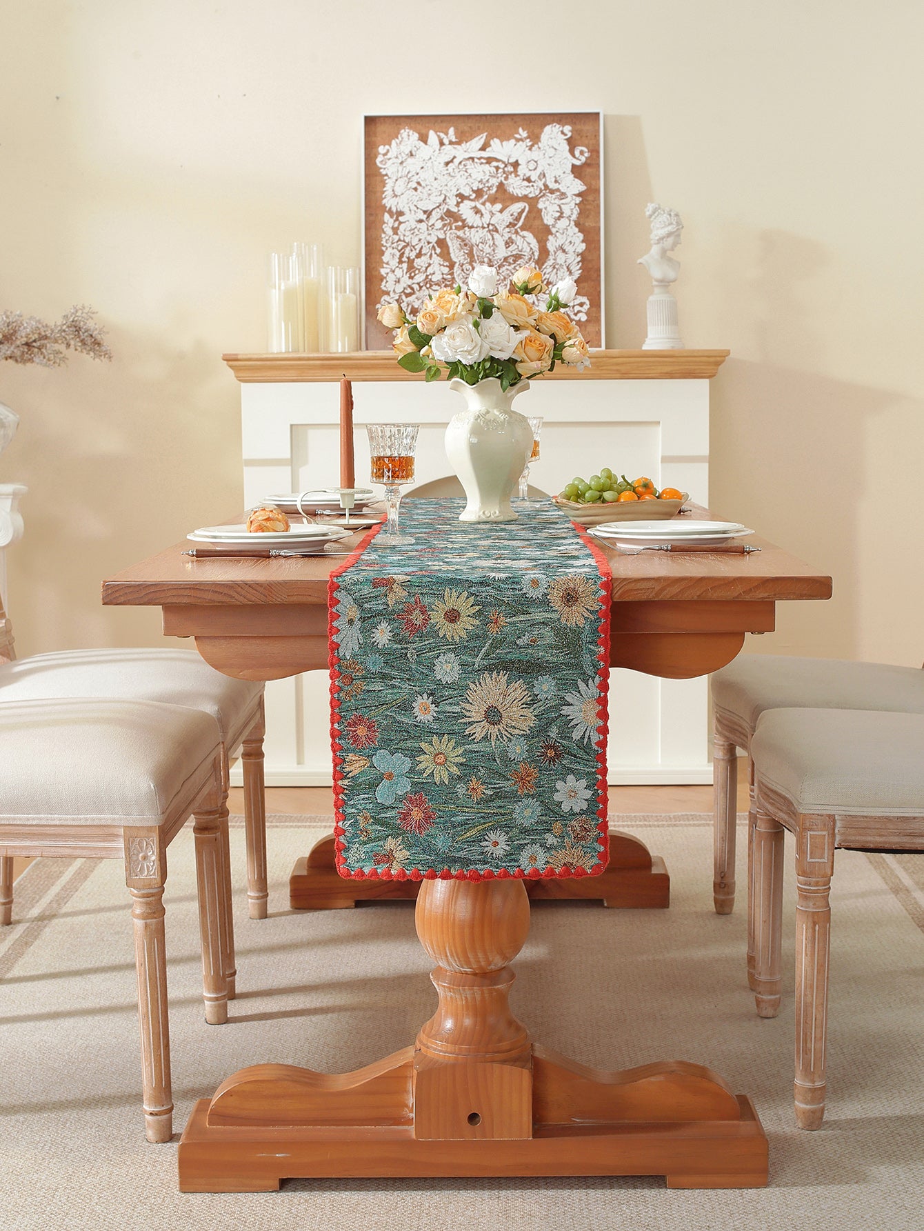 LaLuna Home Golden Thread Floral Jacquard Table Runner with Shell Trim - Colorful Chrysanthemum