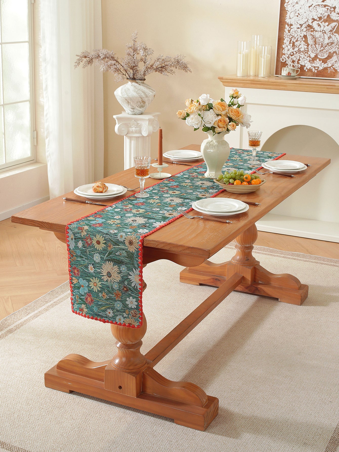 LaLuna Home Golden Thread Floral Jacquard Table Runner with Shell Trim - Colorful Chrysanthemum