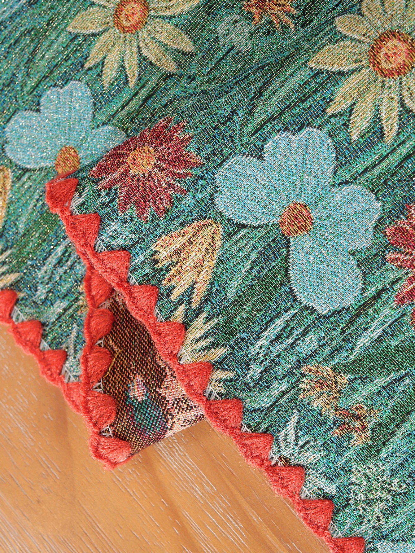 LaLuna Home Golden Thread Floral Jacquard Table Runner with Shell Trim - Colorful Chrysanthemum