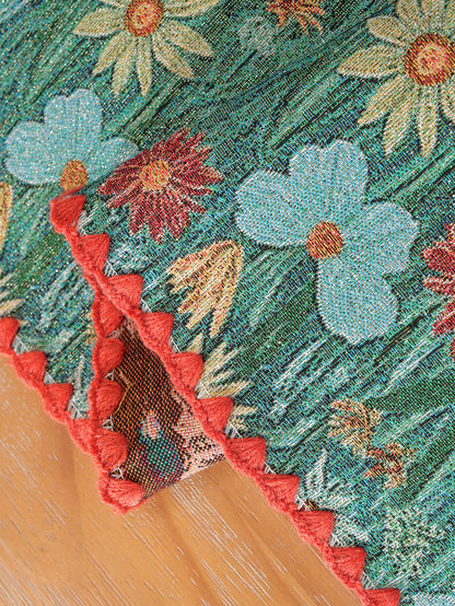LaLuna Home Golden Thread Floral Jacquard Table Runner with Shell Trim - Colorful Chrysanthemum