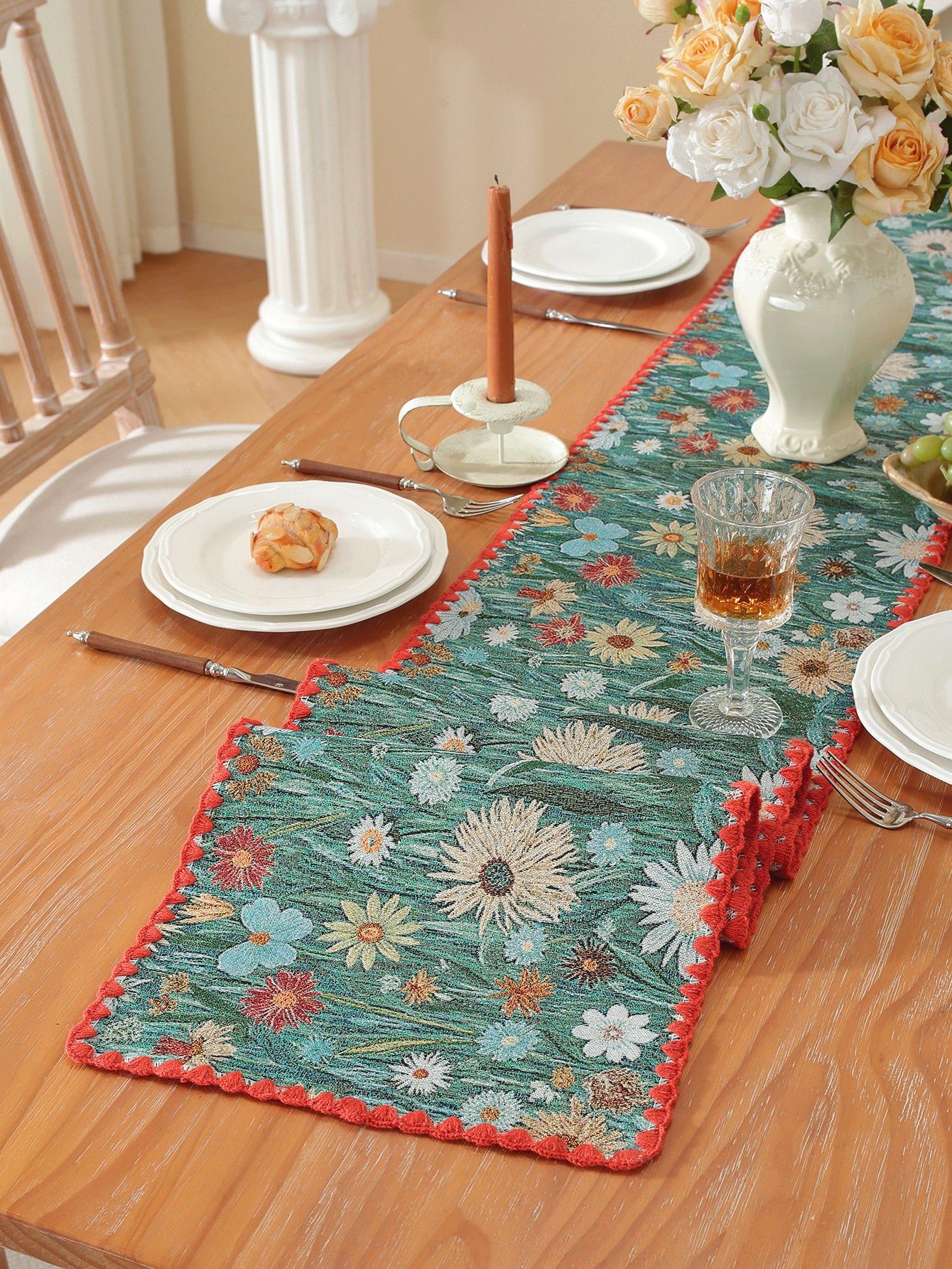 LaLuna Home Golden Thread Floral Jacquard Table Runner with Shell Trim - Colorful Chrysanthemum