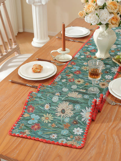 LaLuna Home Golden Thread Floral Jacquard Table Runner with Shell Trim - Colorful Chrysanthemum