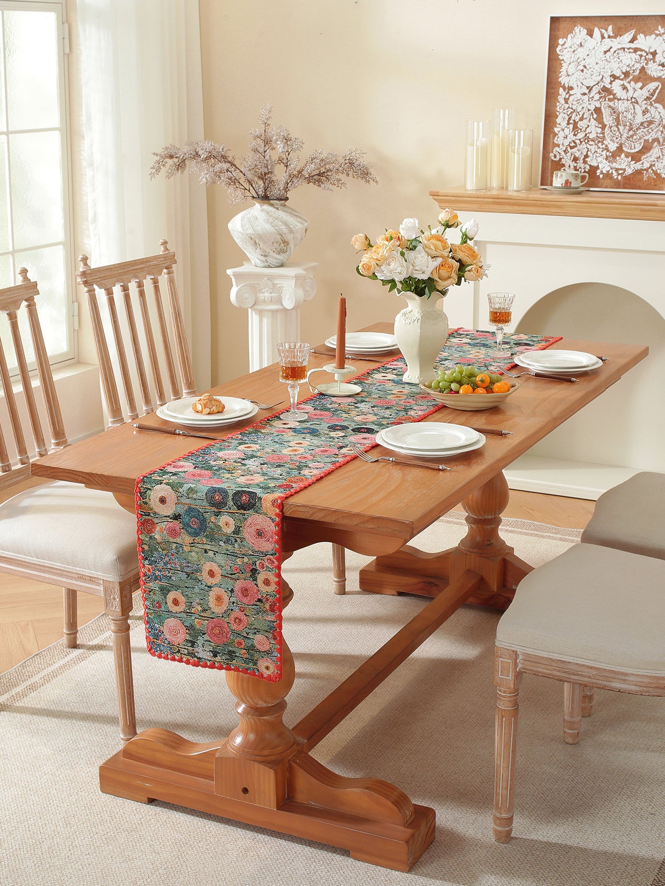 LaLuna Home Golden Thread Floral Jacquard Table Runner with Shell Trim -Peony