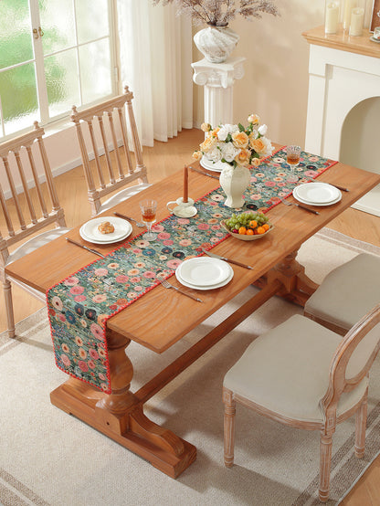 LaLuna Home Golden Thread Floral Jacquard Table Runner with Shell Trim -Peony