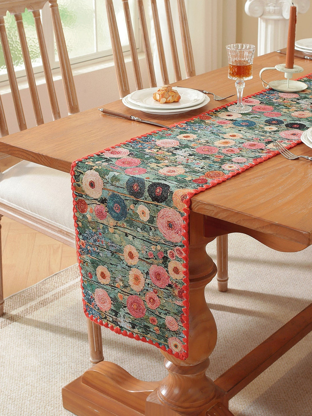 LaLuna Home Golden Thread Floral Jacquard Table Runner with Shell Trim -Peony