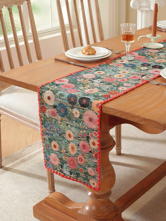 LaLuna Home Golden Thread Floral Jacquard Table Runner with Shell Trim -Peony