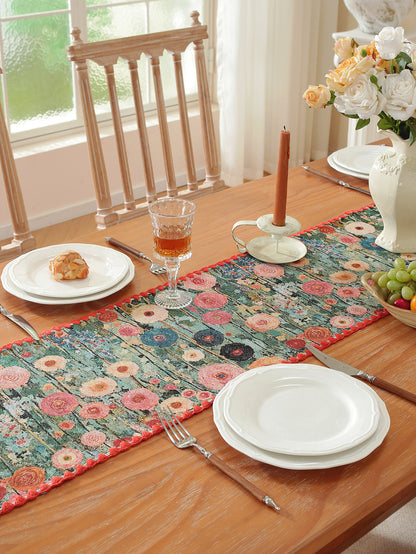 LaLuna Home Golden Thread Floral Jacquard Table Runner with Shell Trim -Peony