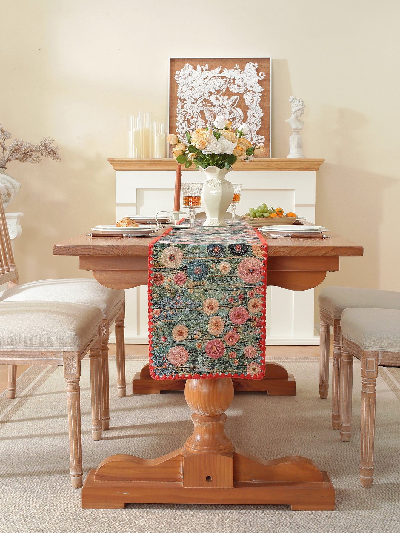 LaLuna Home Golden Thread Floral Jacquard Table Runner with Shell Trim -Peony