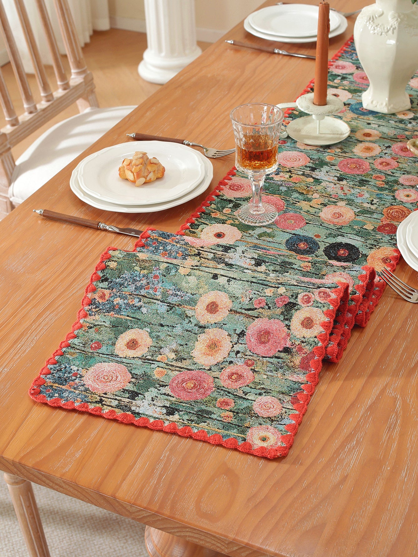 LaLuna Home Golden Thread Floral Jacquard Table Runner with Shell Trim -Peony
