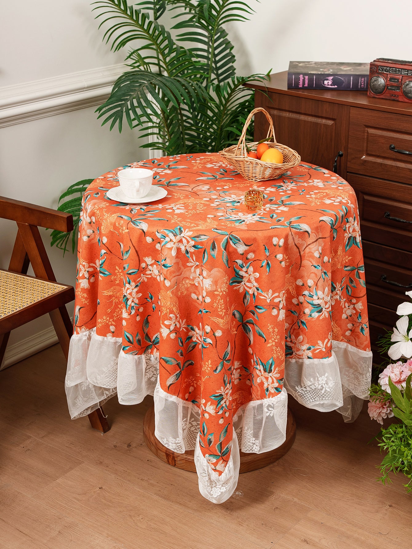 Chinoiserie Retro Orange Floral Tablecloth with Lace Ruffled Trim