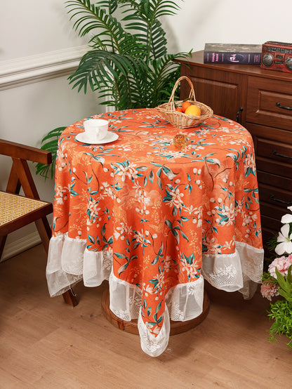 Chinoiserie Retro Orange Floral Tablecloth with Lace Ruffled Trim