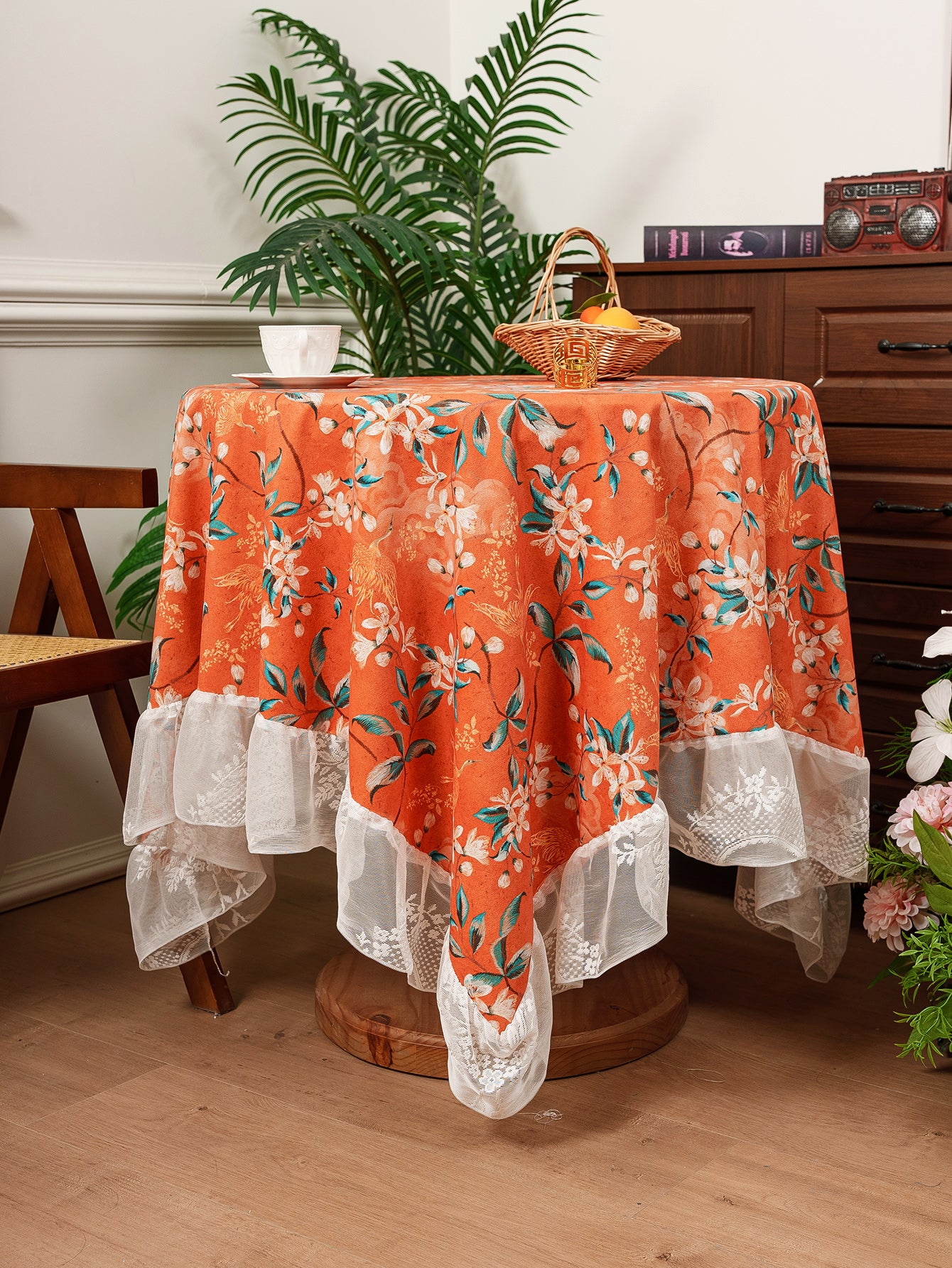 Chinoiserie Retro Orange Floral Tablecloth with Lace Ruffled Trim
