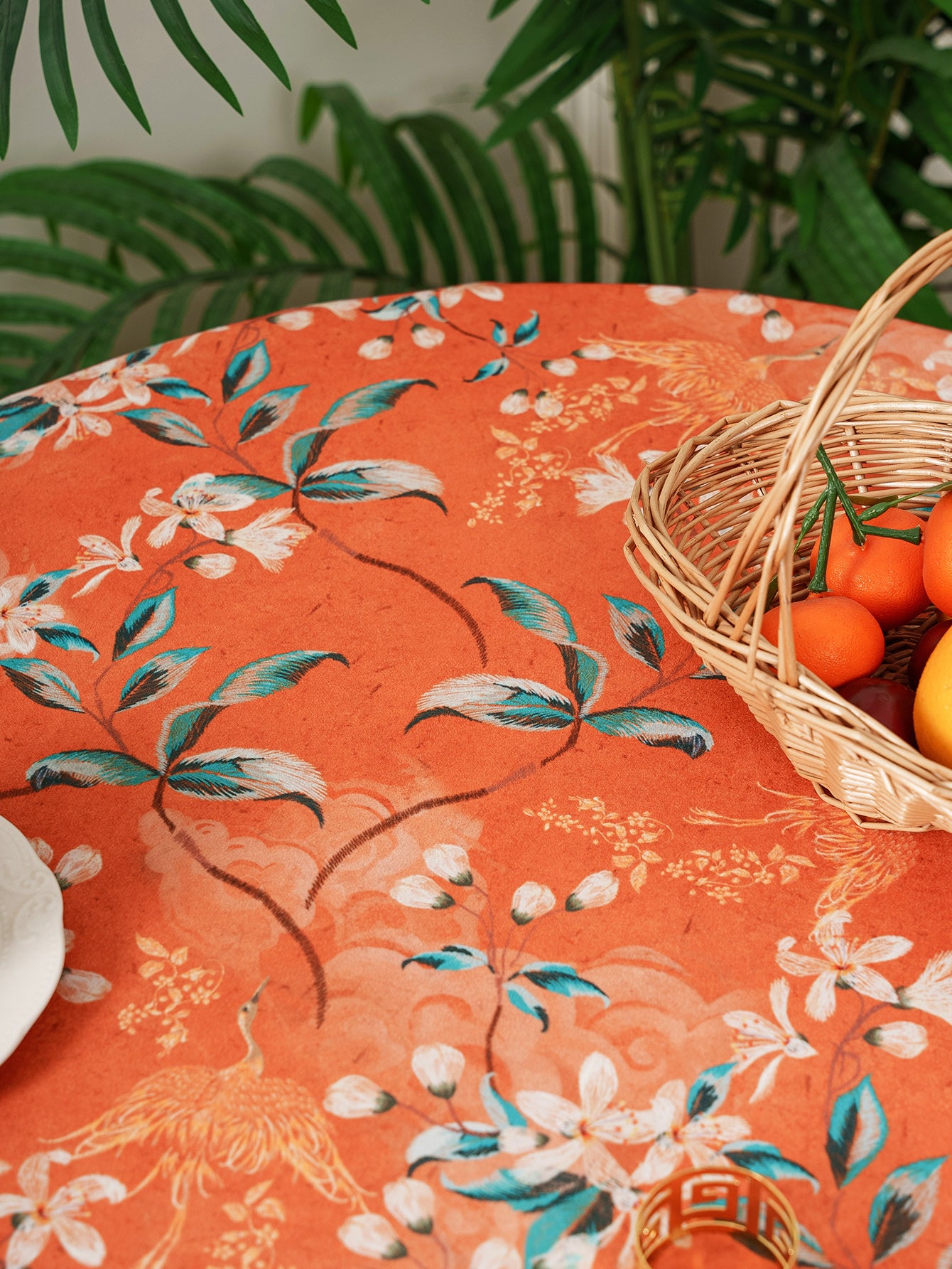 Chinoiserie Retro Orange Floral Tablecloth with Lace Ruffled Trim