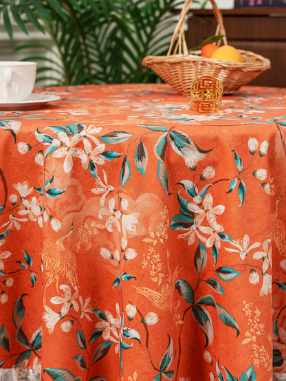 Chinoiserie Retro Orange Floral Tablecloth with Lace Ruffled Trim