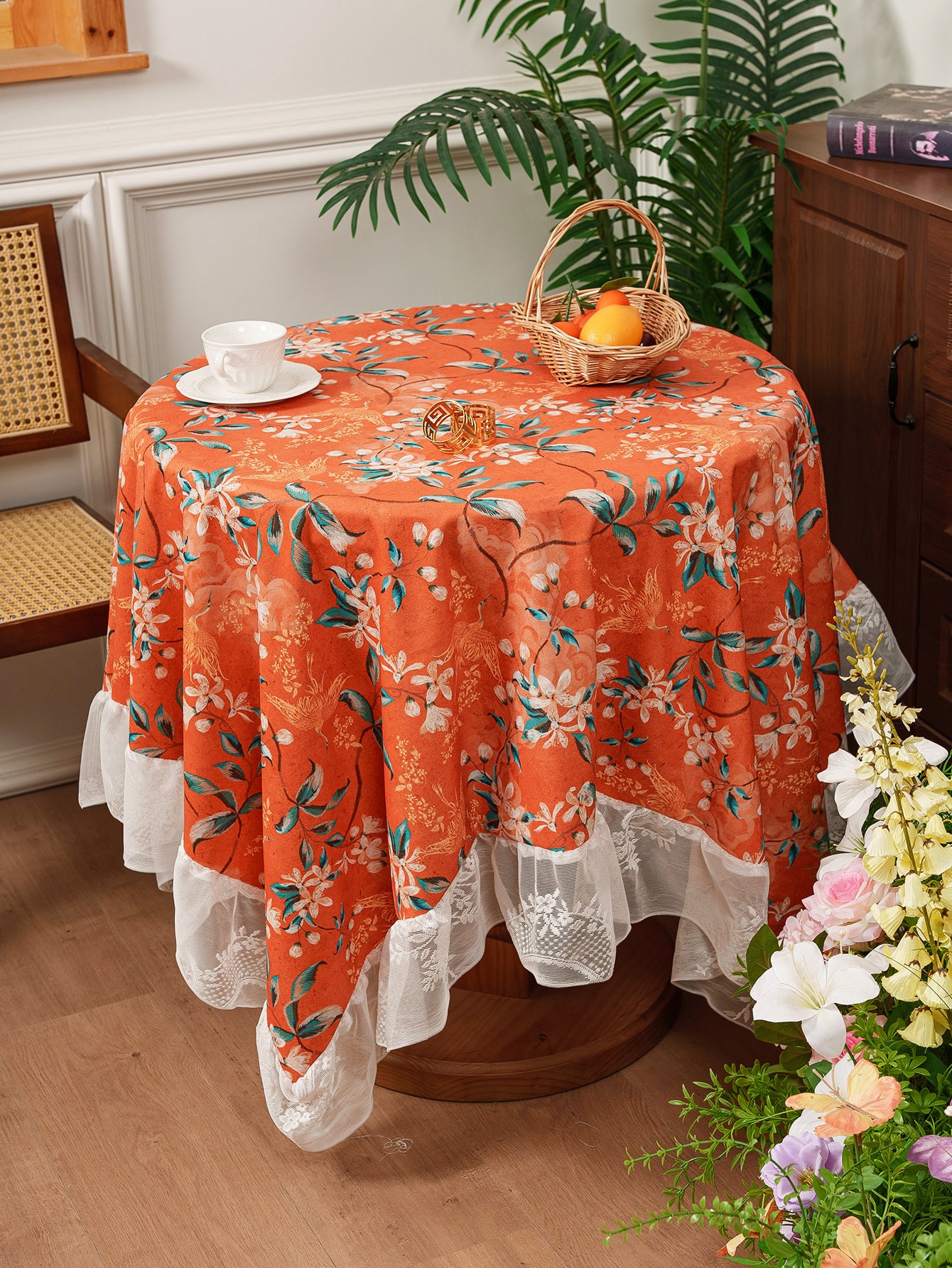 Chinoiserie Retro Orange Floral Tablecloth with Lace Ruffled Trim