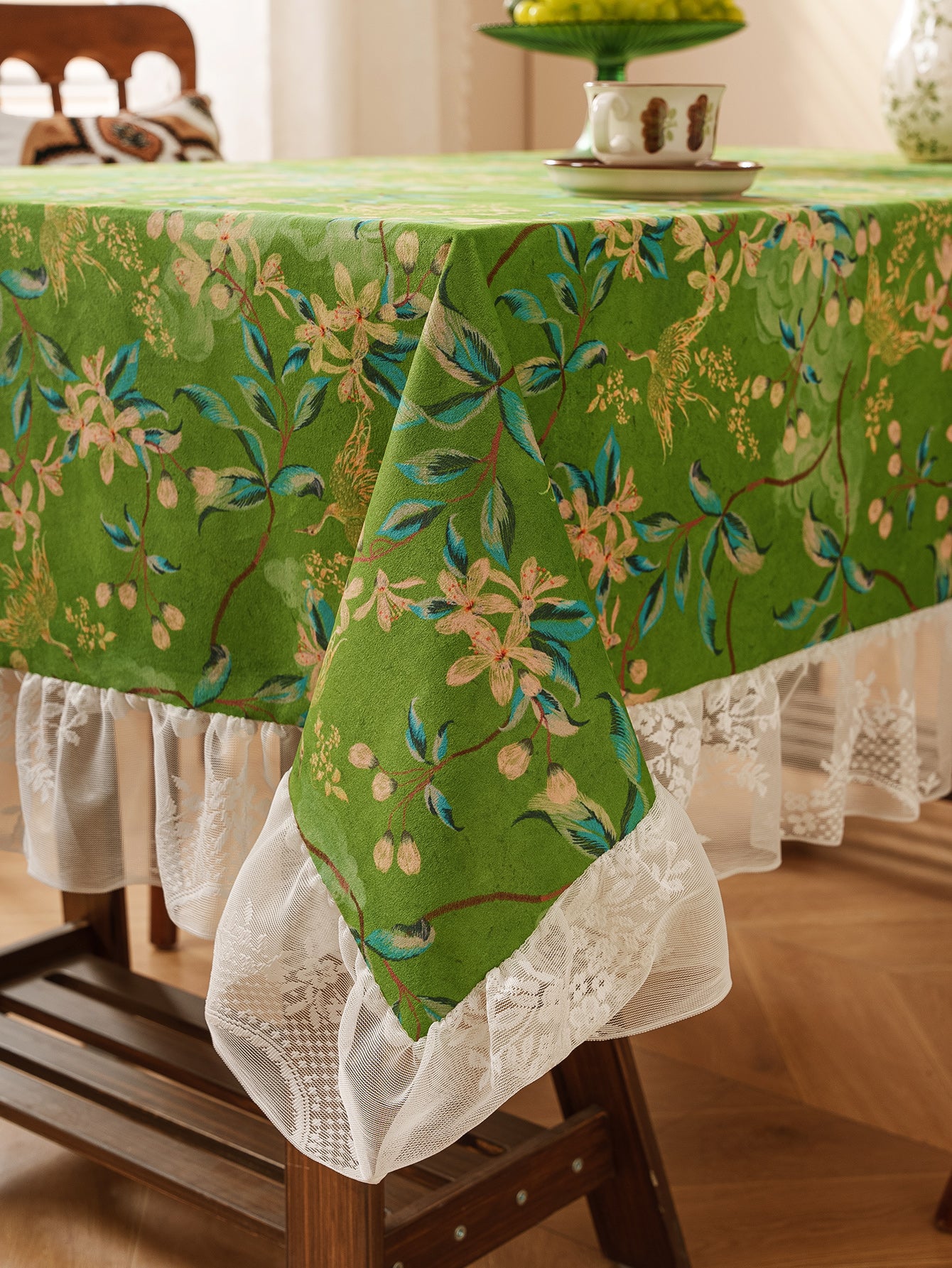 Chinoiserie Verdant Floral Tablecloth with Lace Ruffled Trim