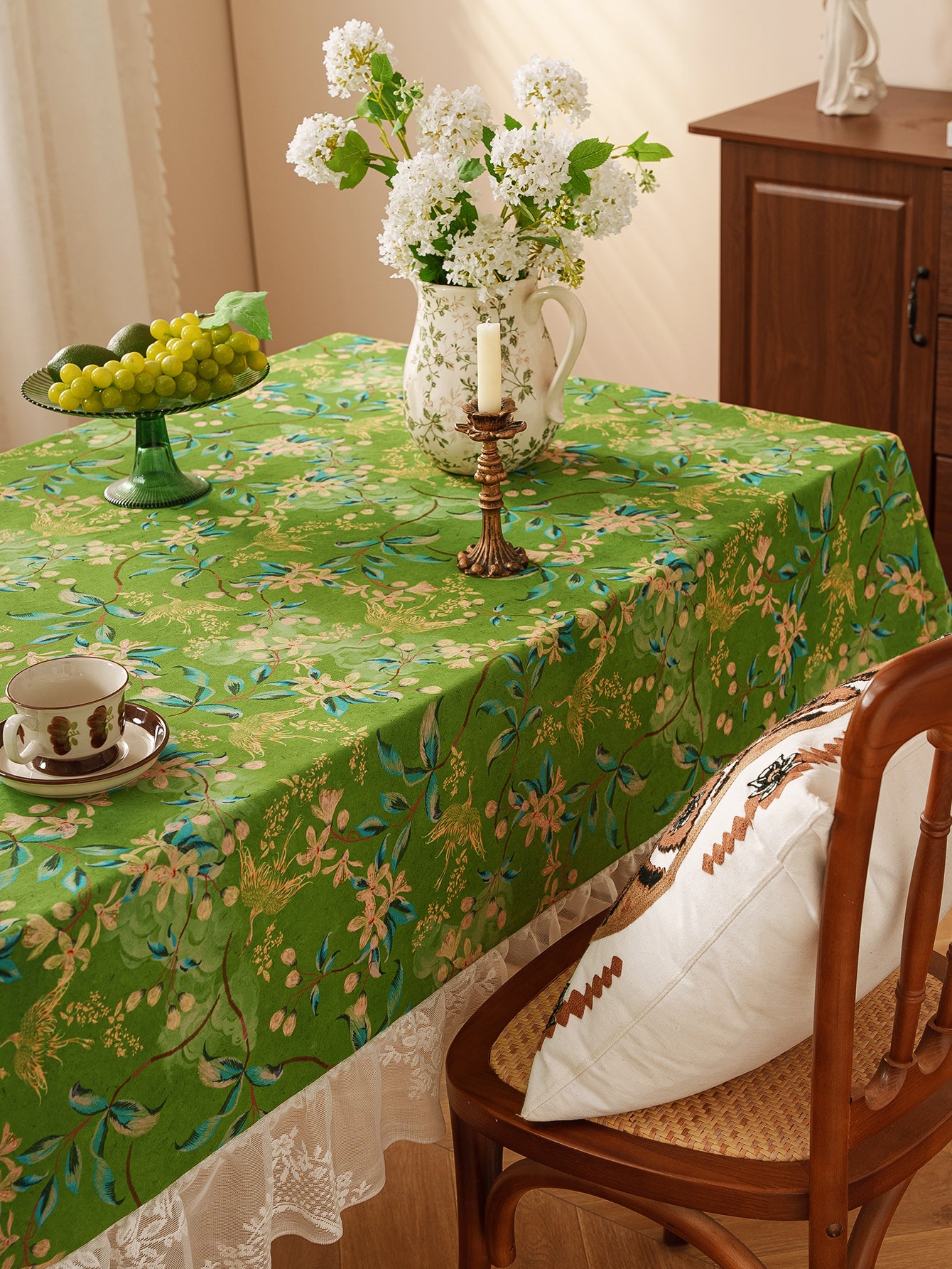 Chinoiserie Verdant Floral Tablecloth with Lace Ruffled Trim