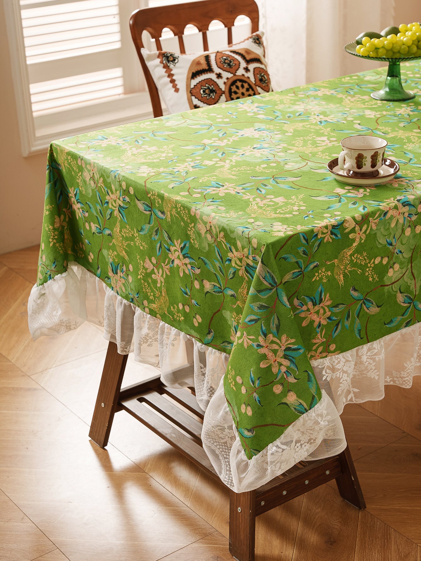 Chinoiserie Verdant Floral Tablecloth with Lace Ruffled Trim