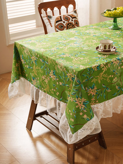 Chinoiserie Verdant Floral Tablecloth with Lace Ruffled Trim