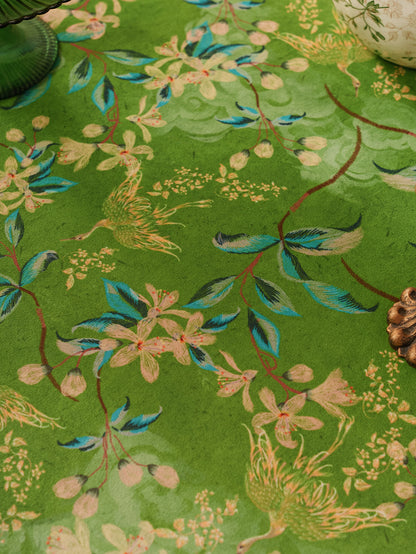 Chinoiserie Verdant Floral Tablecloth with Lace Ruffled Trim