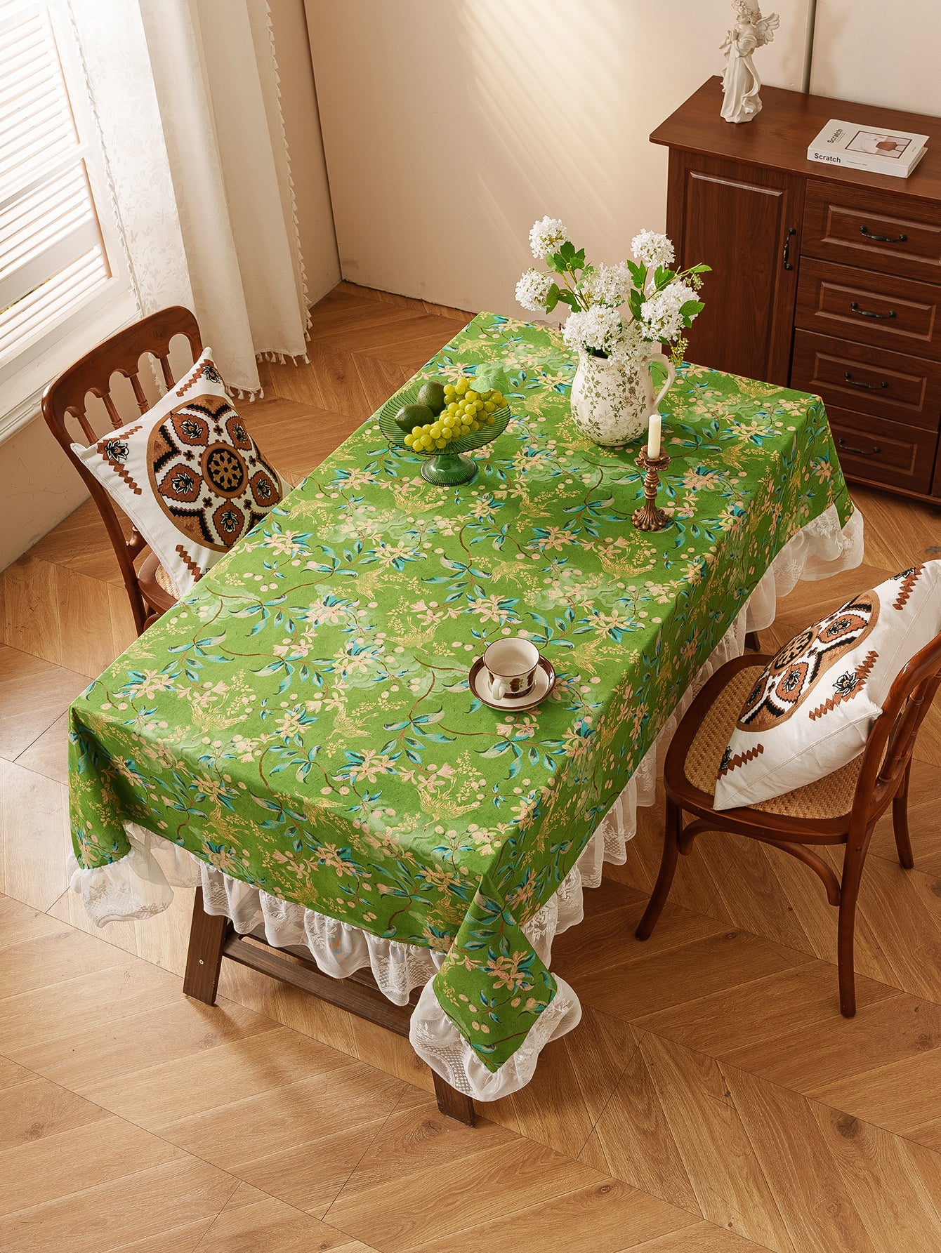 Chinoiserie Verdant Floral Tablecloth with Lace Ruffled Trim