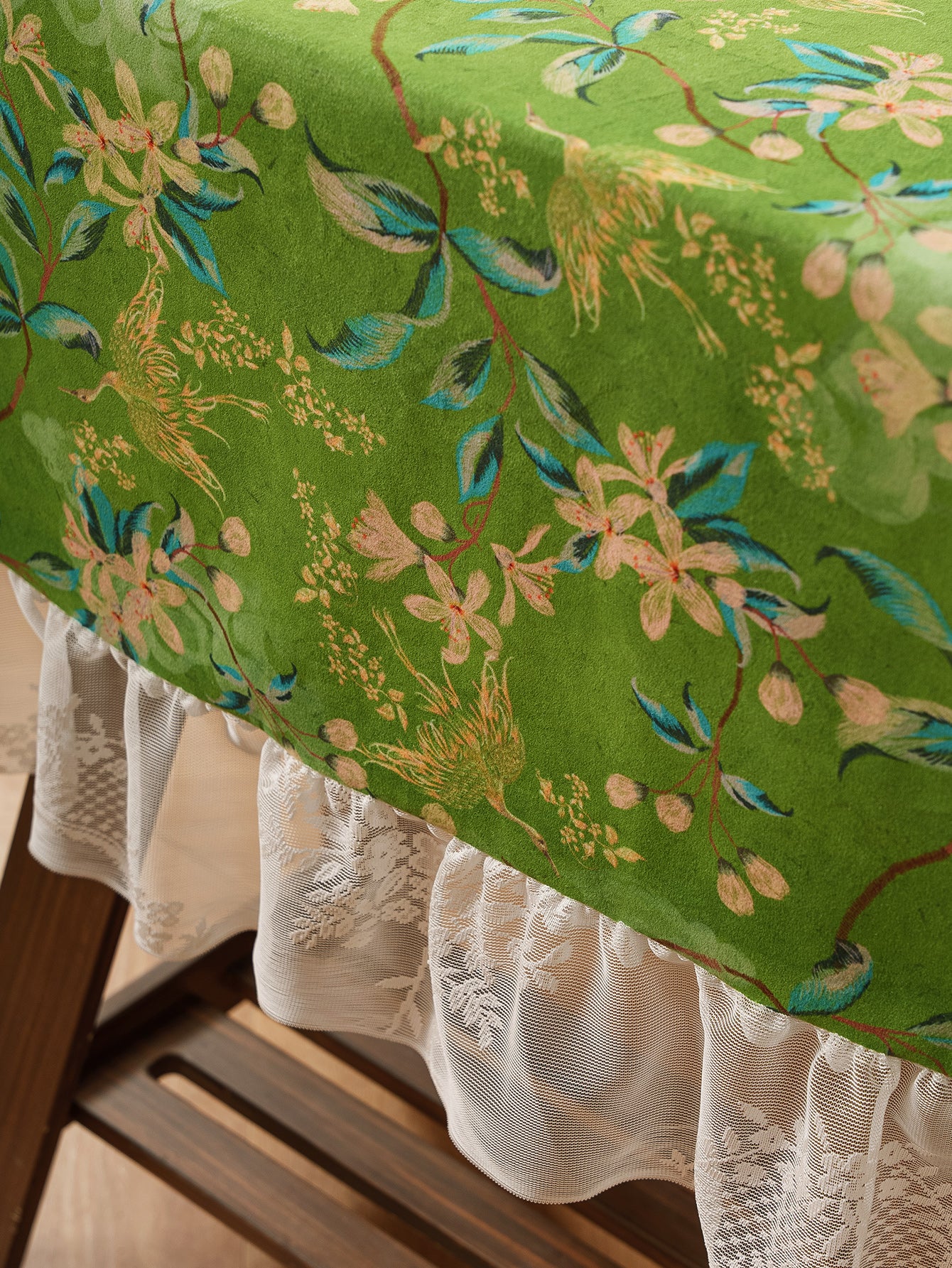 Chinoiserie Verdant Floral Tablecloth with Lace Ruffled Trim