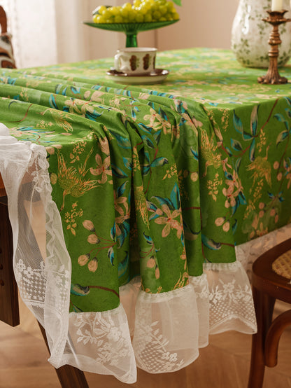 Chinoiserie Verdant Floral Tablecloth with Lace Ruffled Trim