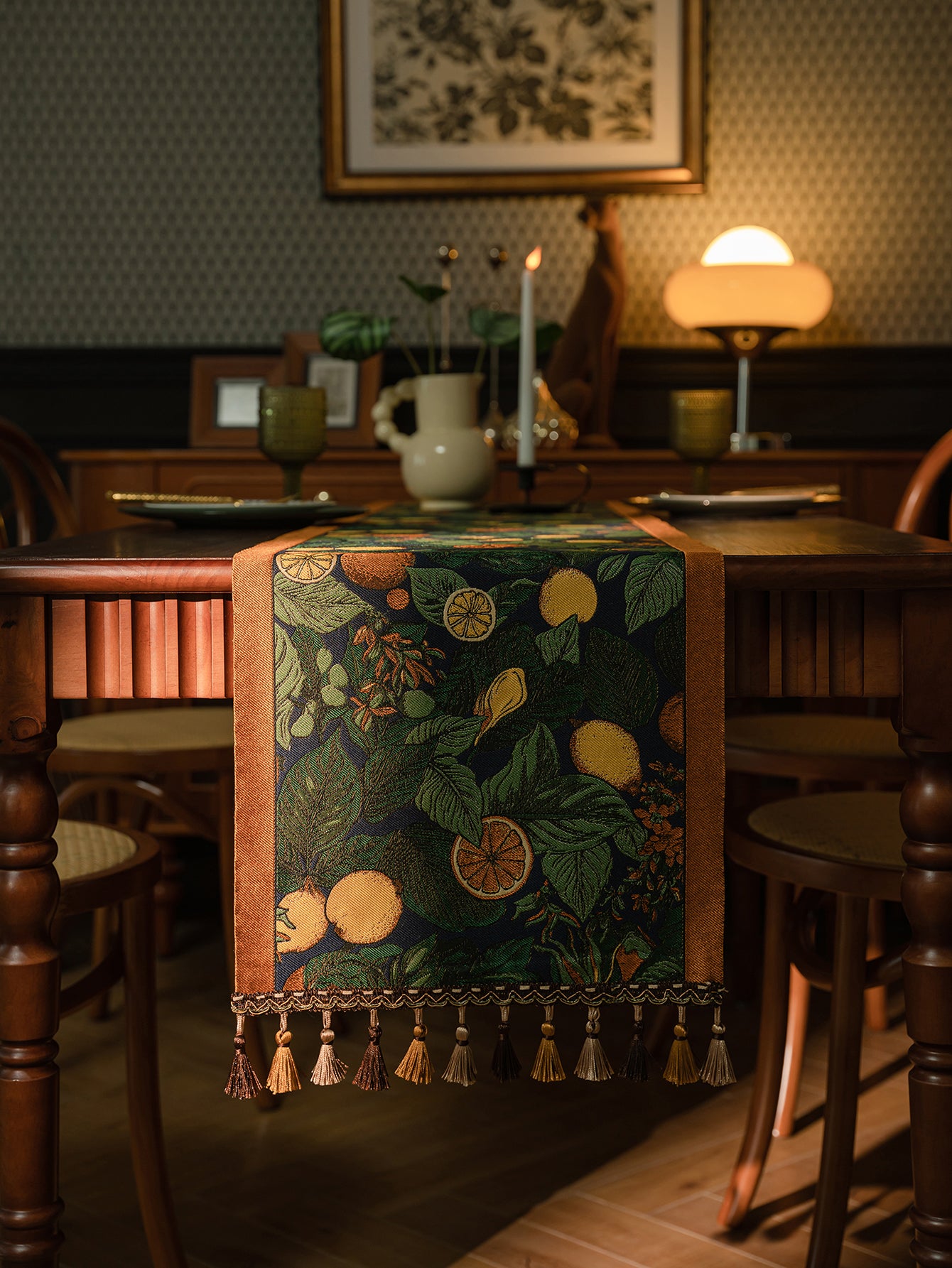 LaLuna Home Vintage Lemon Vine Jacquard Table Runner with Tassels