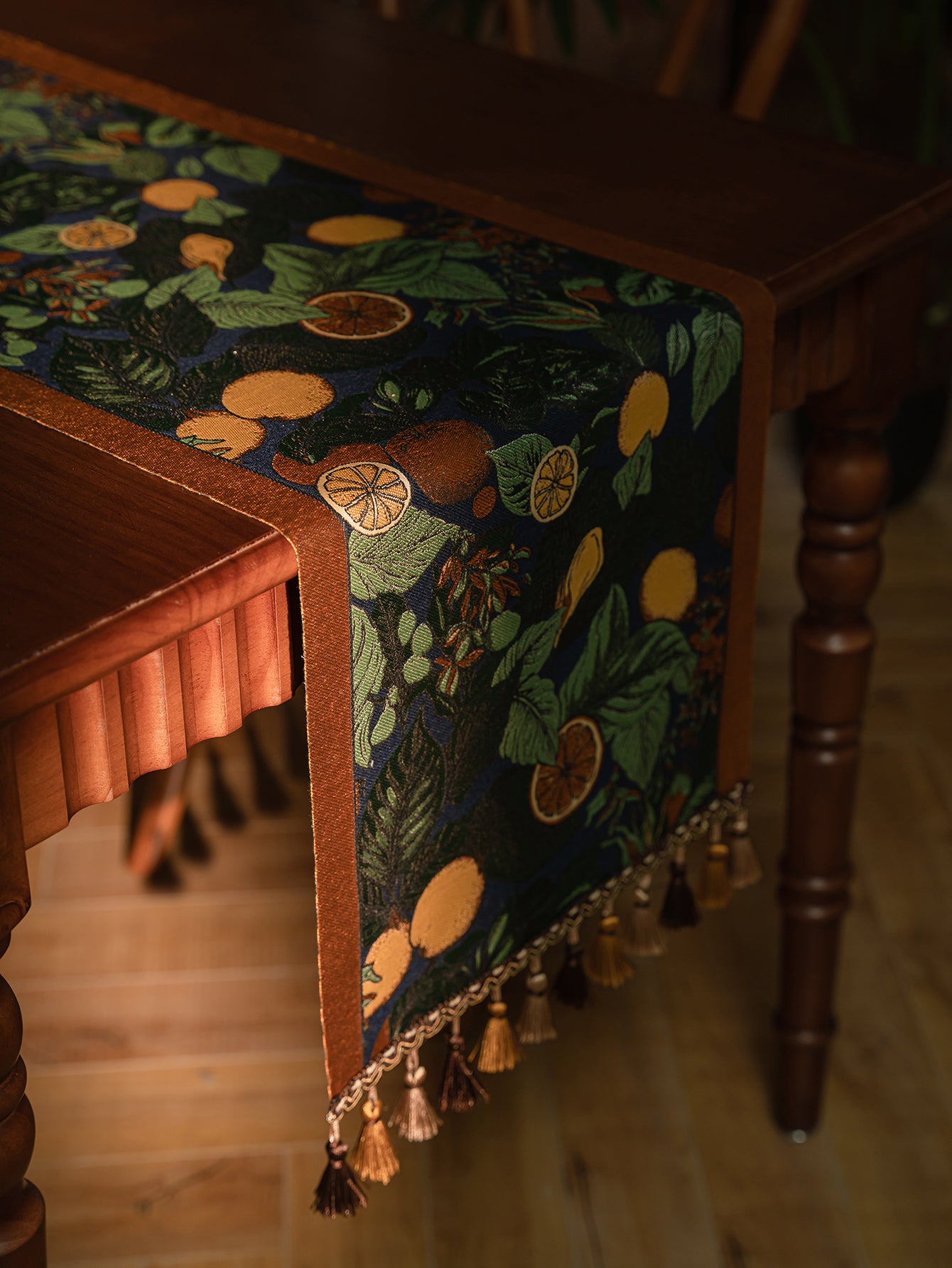 LaLuna Home Vintage Lemon Vine Jacquard Table Runner with Tassels