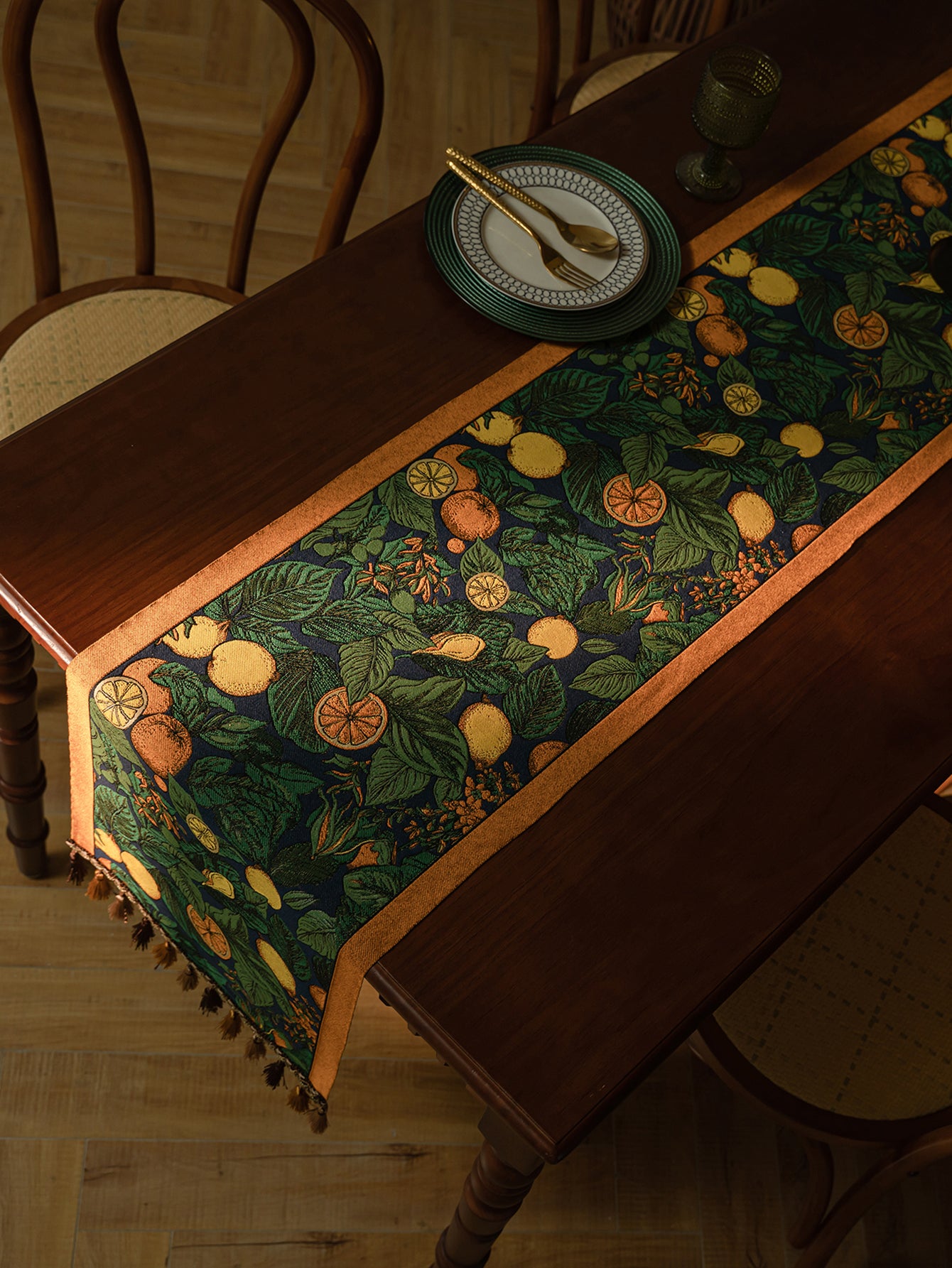 LaLuna Home Vintage Lemon Vine Jacquard Table Runner with Tassels
