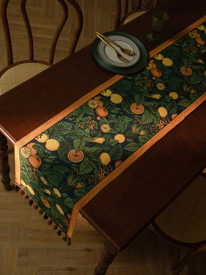 LaLuna Home Vintage Lemon Vine Jacquard Table Runner with Tassels
