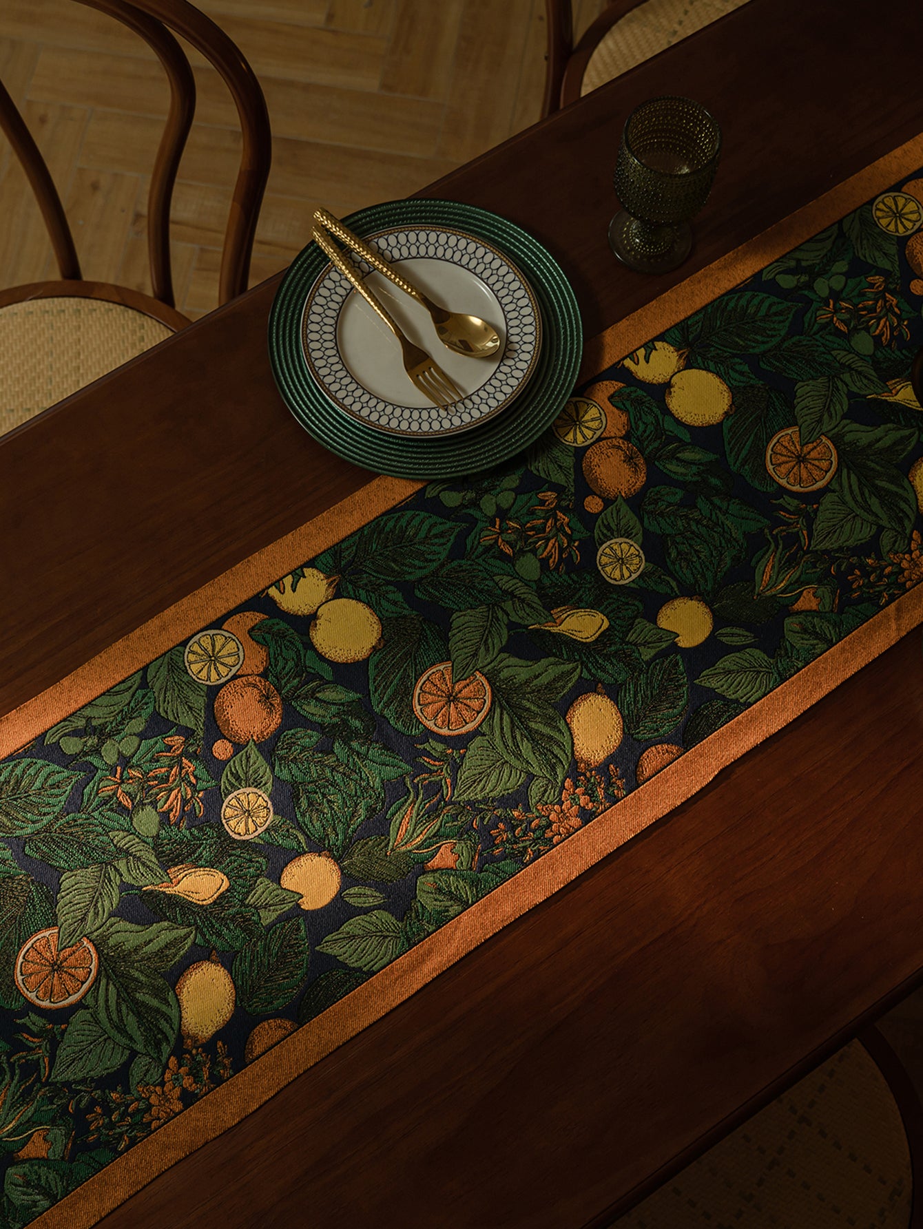 LaLuna Home Vintage Lemon Vine Jacquard Table Runner with Tassels