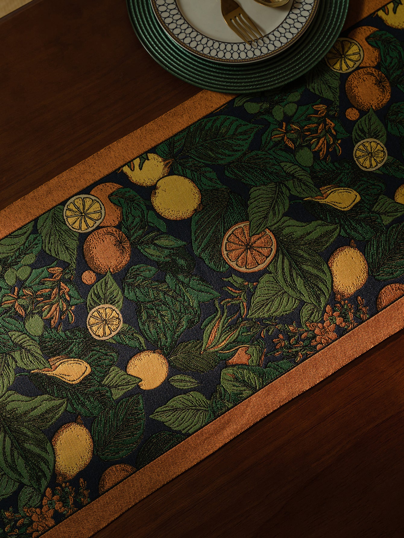 LaLuna Home Vintage Lemon Vine Jacquard Table Runner with Tassels