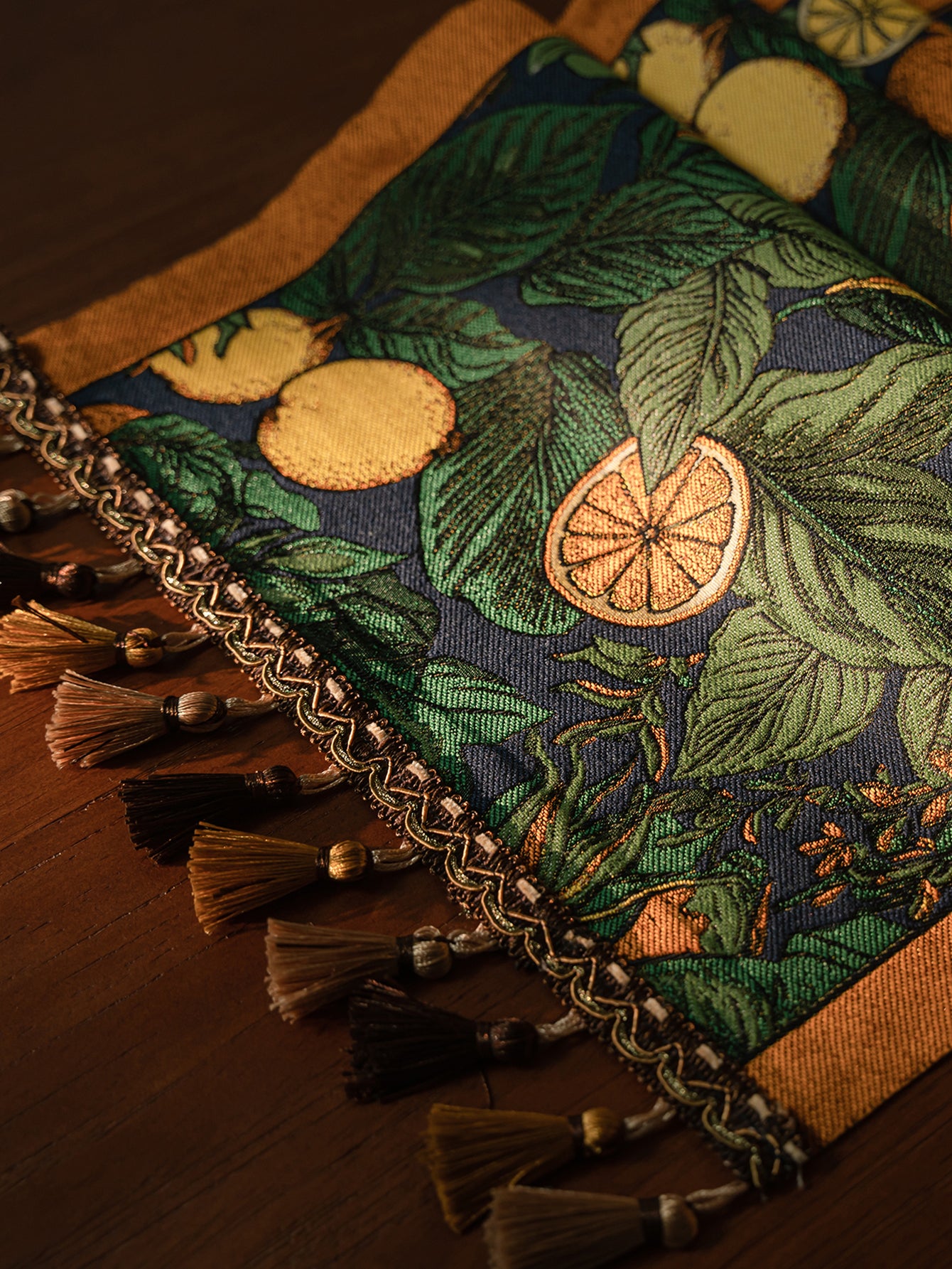 LaLuna Home Vintage Lemon Vine Jacquard Table Runner with Tassels