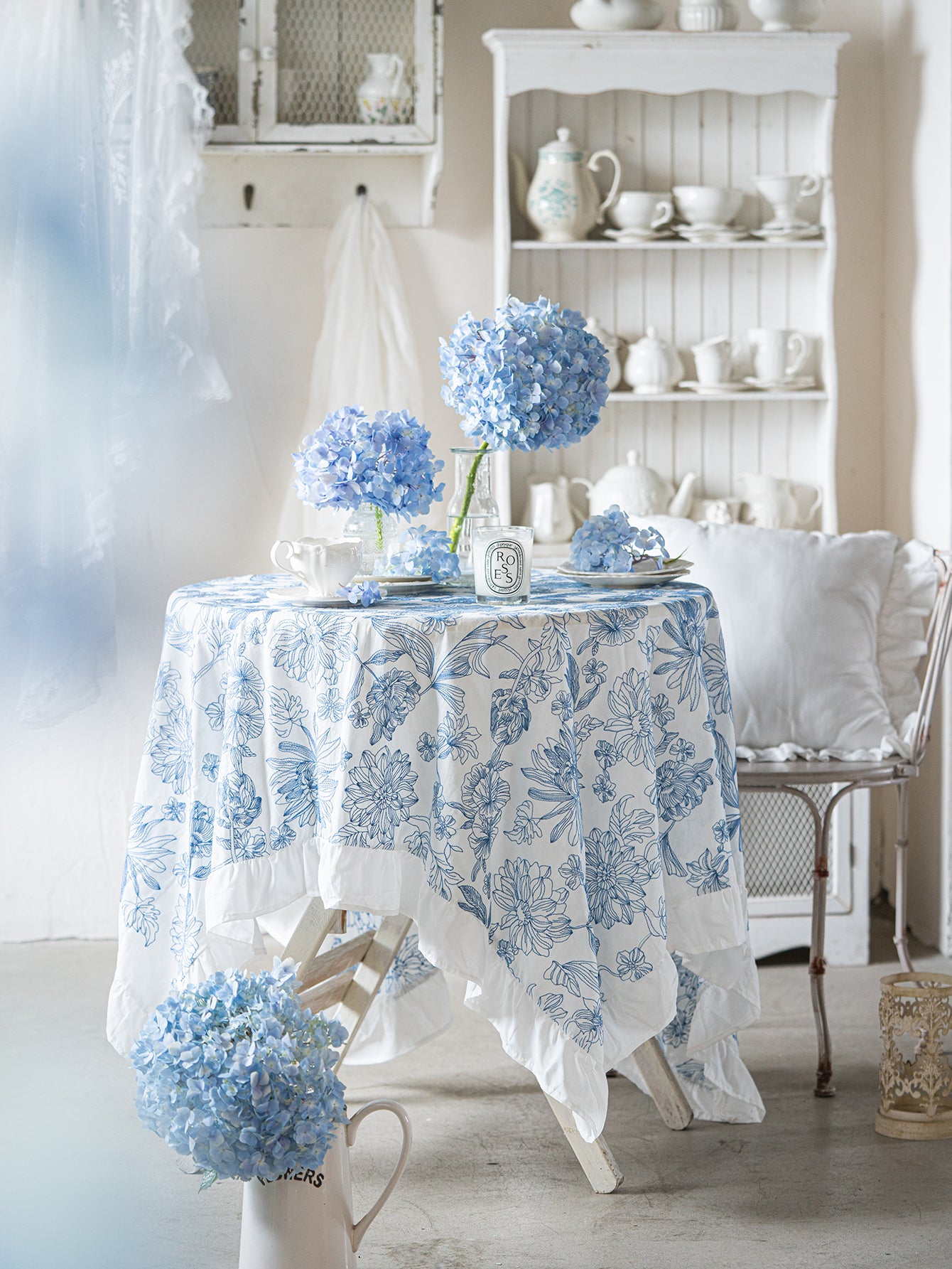 Chinoiserie Blue & White Embroidered Cotton Tablecloth with Ruffled Trim