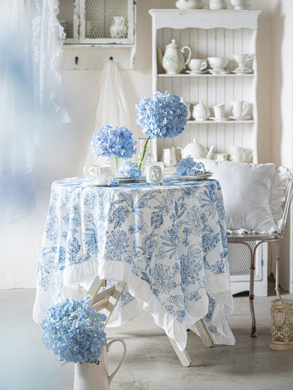 Chinoiserie Blue & White Embroidered Cotton Tablecloth with Ruffled Trim