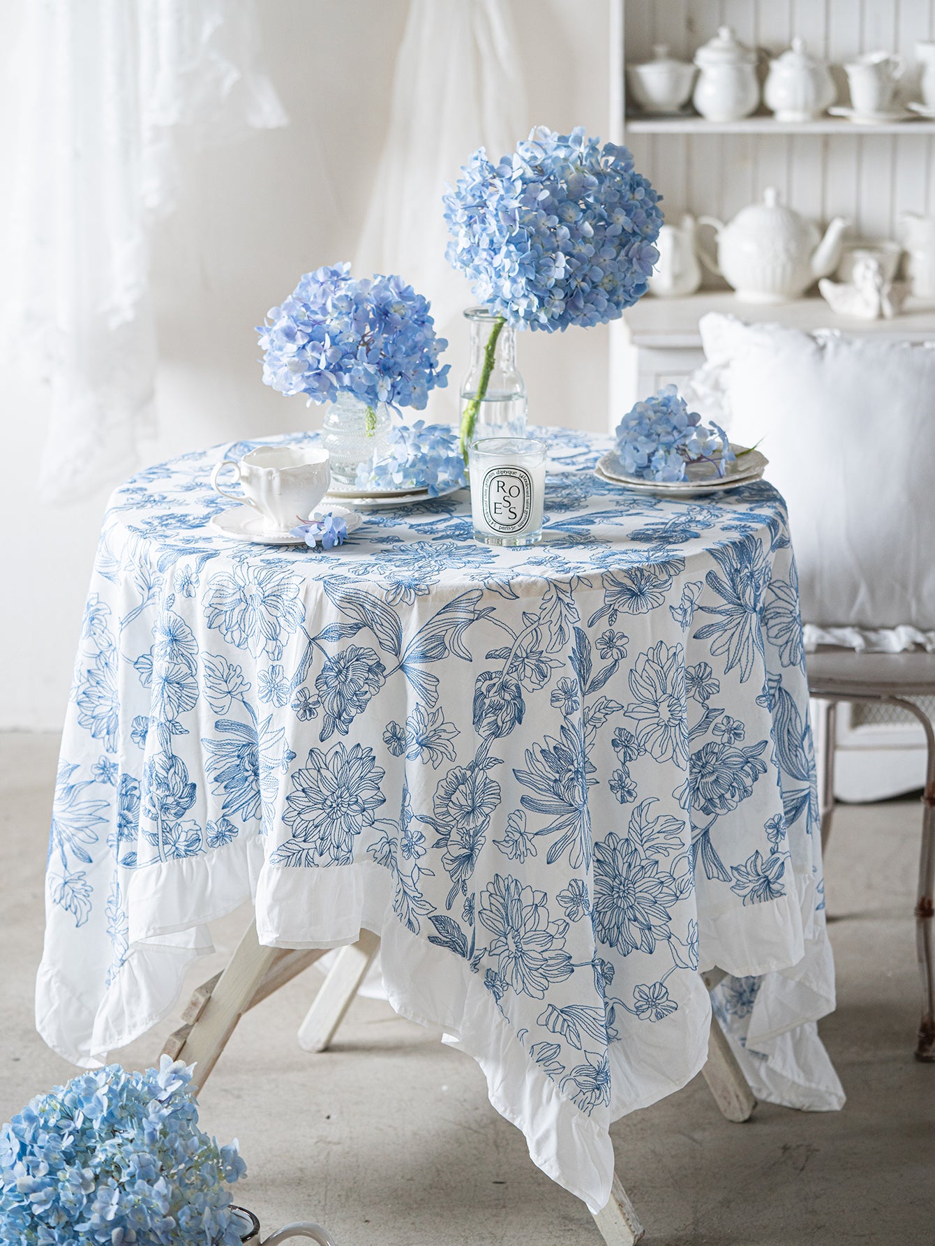 Chinoiserie Blue & White Embroidered Cotton Tablecloth with Ruffled Trim